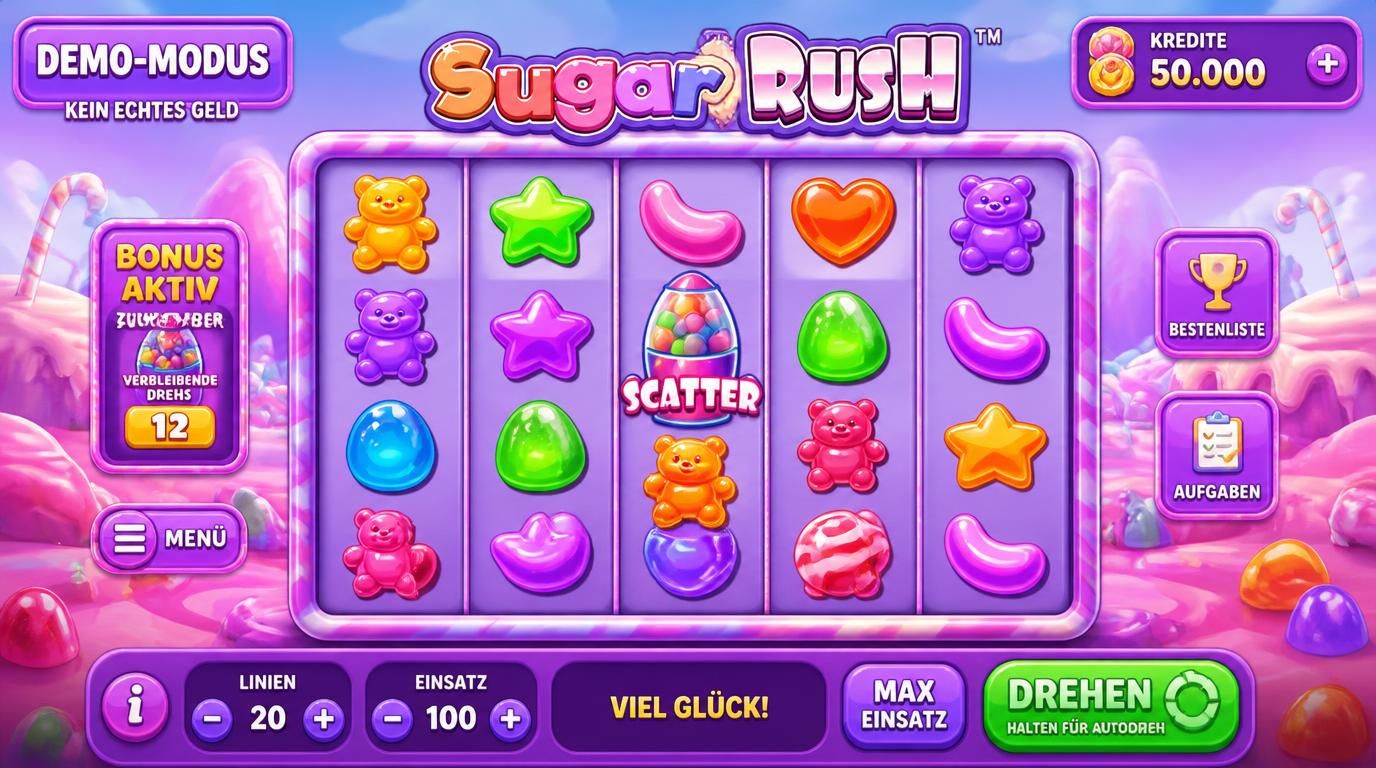 Slot-Reihen mit farbenfrohen Symbolen und Anzeige „Demo-Modus“ auf dem Bildschirm