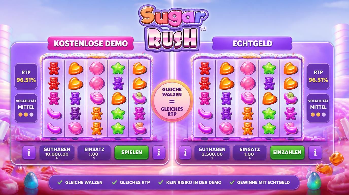 Zwei Spielansichten, Demo vs. Echtgeld, gleiche Features visualisiert
