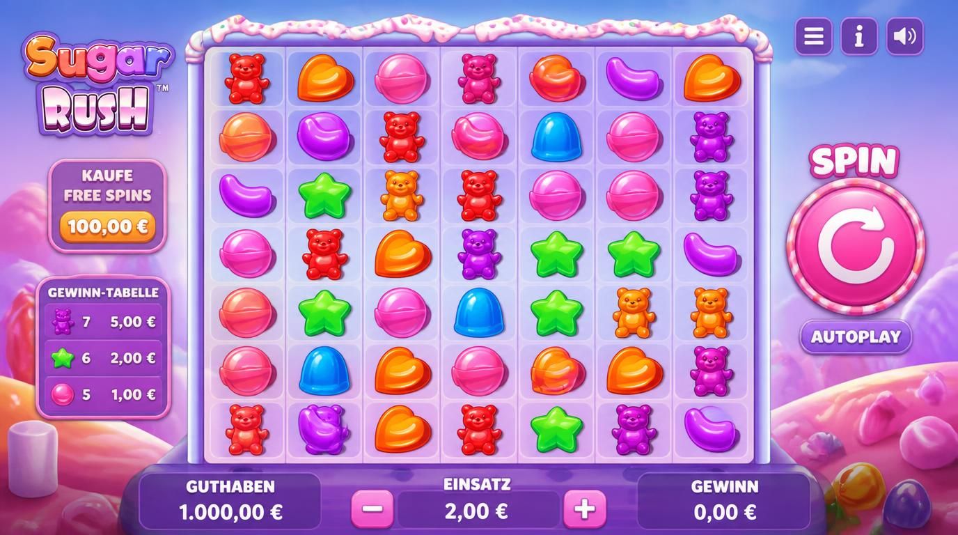 Interface eines bunten Bonbon-Slots mit klaren Buttons, großen Symbolen und 7×7 Raster